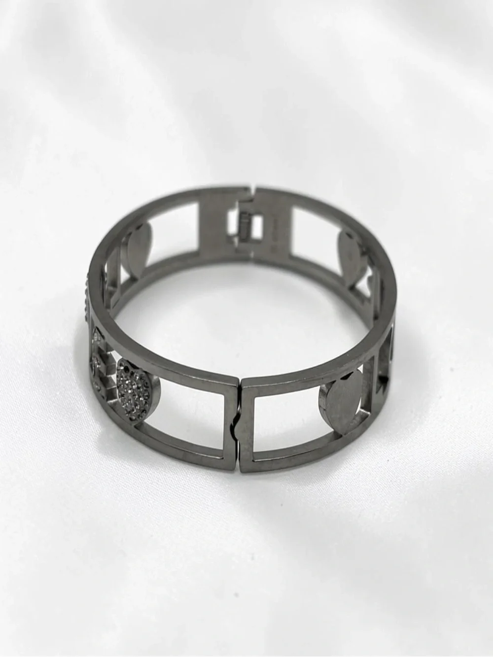 Silver & Crystal Rhinestone LOVE Heart Hinged Cuff Bracelet